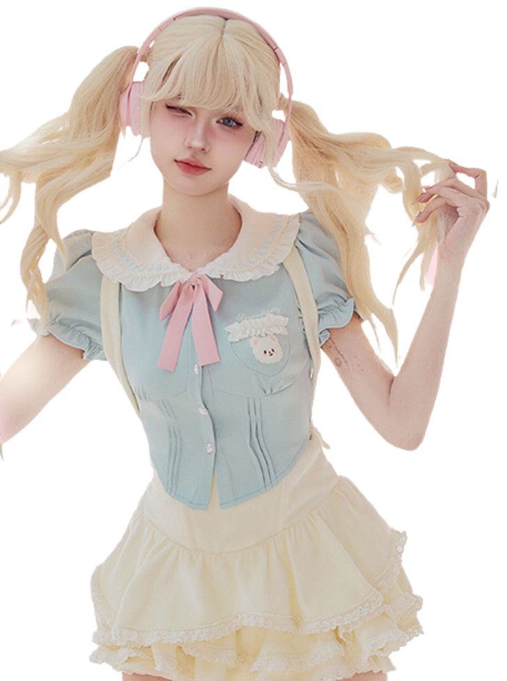 Puff Sleeve Light Blue Shirt & Suspender Skirt SER0122