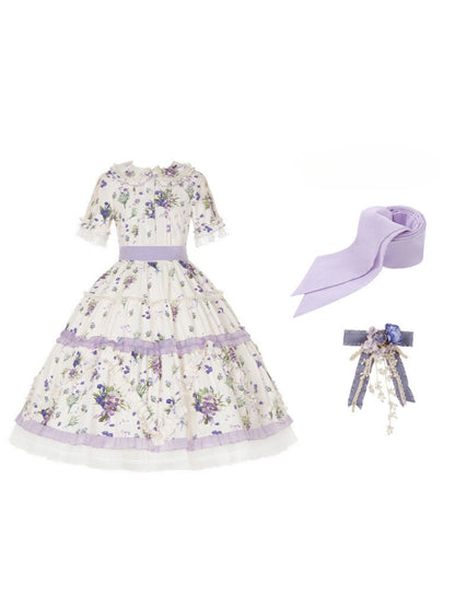 Purple Floral Ribbon Middle Dress WIT0087