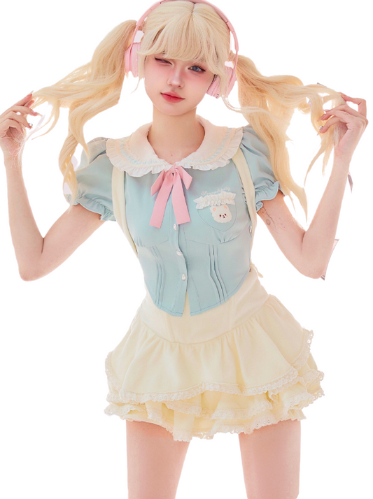 Puff Sleeve Light Blue Shirt & Suspender Skirt SER0122