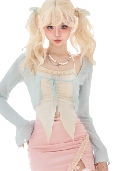 Light Blue Tops & Pink Tight Skirt & White Camisole Three-Piece Set SER0120