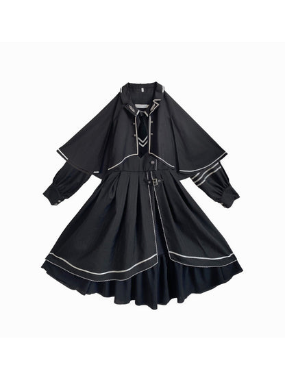 Military-Style Cape Black Dress WIT0075