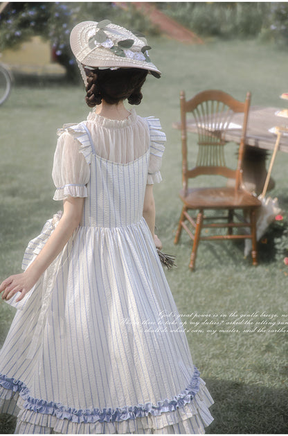 Sweet Puff Sleeve Shirt & Stripe Suspender Skirt HUT0068