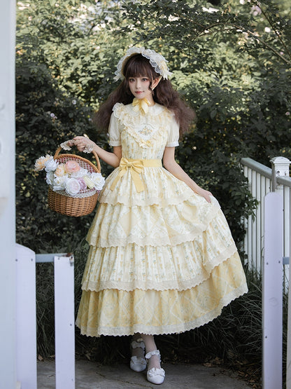 Embroidered Print Tiered Yellow Long Dress WIT0072