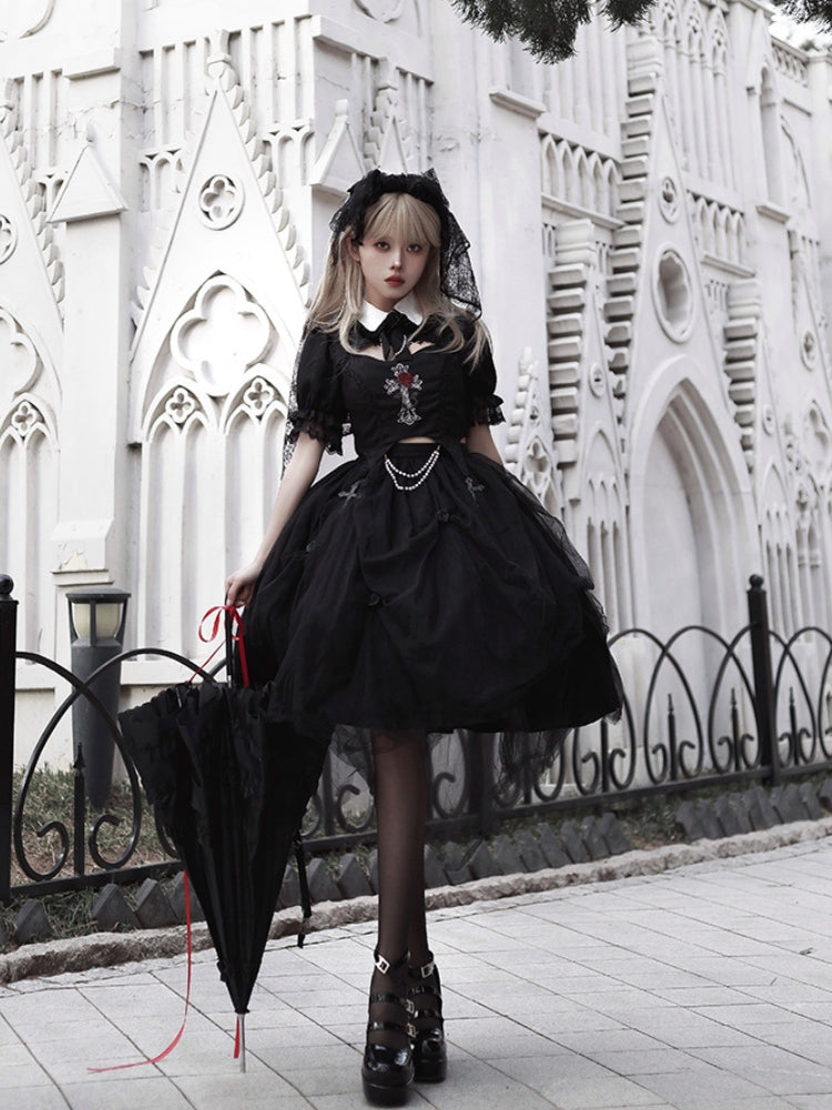 Gothic Rose Embroidery Black Mid-Length Dress WIT0080