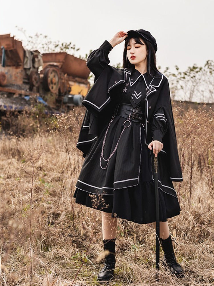 Military-Style Cape Black Dress WIT0075