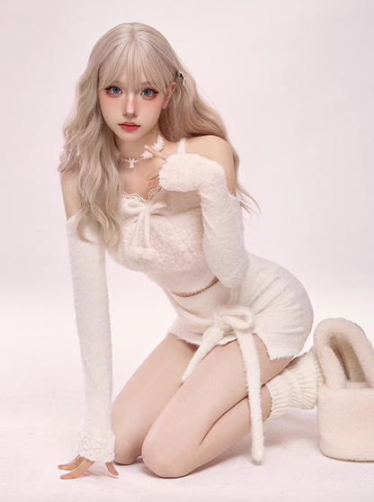 Pure White Fur Top & Fur Slit Skirt & White Bear Hat SER0066