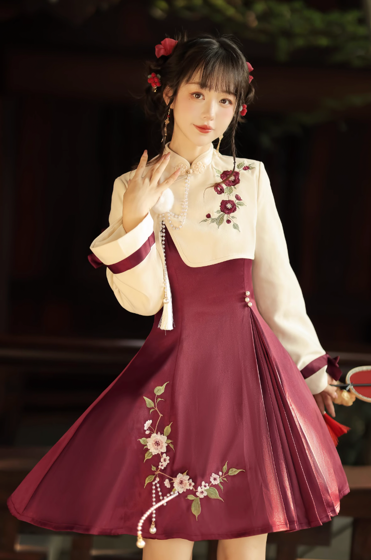 Embroidered flowers Short Jacket and Red China Dress YOU0011