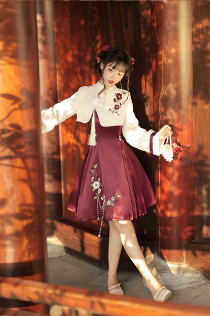 Embroidered flowers Short Jacket and Red China Dress YOU0011