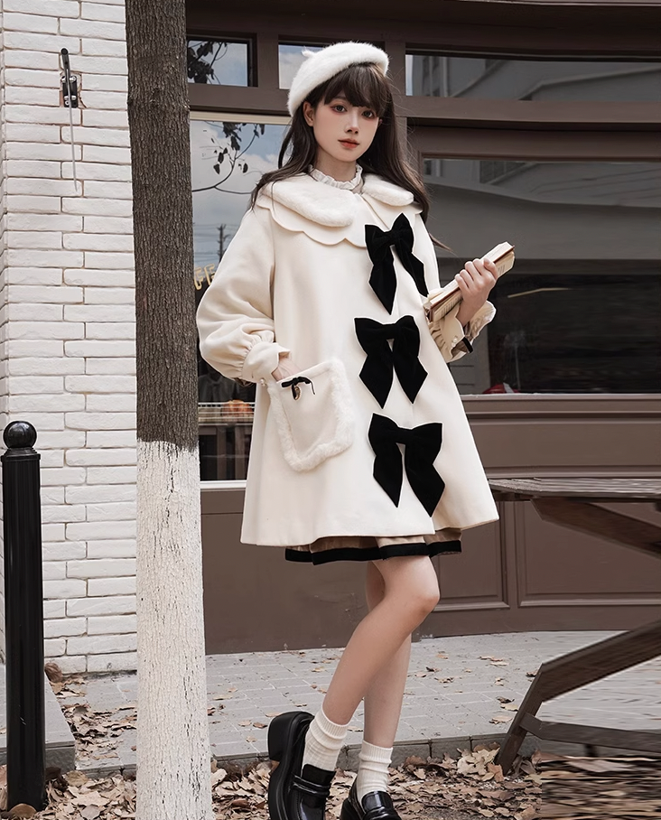 Big Black Ribbon Lolita White Coat WIT0031