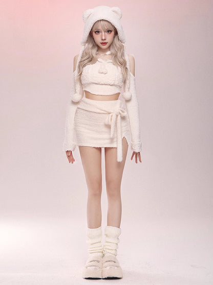 Pure White Fur Top & Fur Slit Skirt & White Bear Hat SER0066