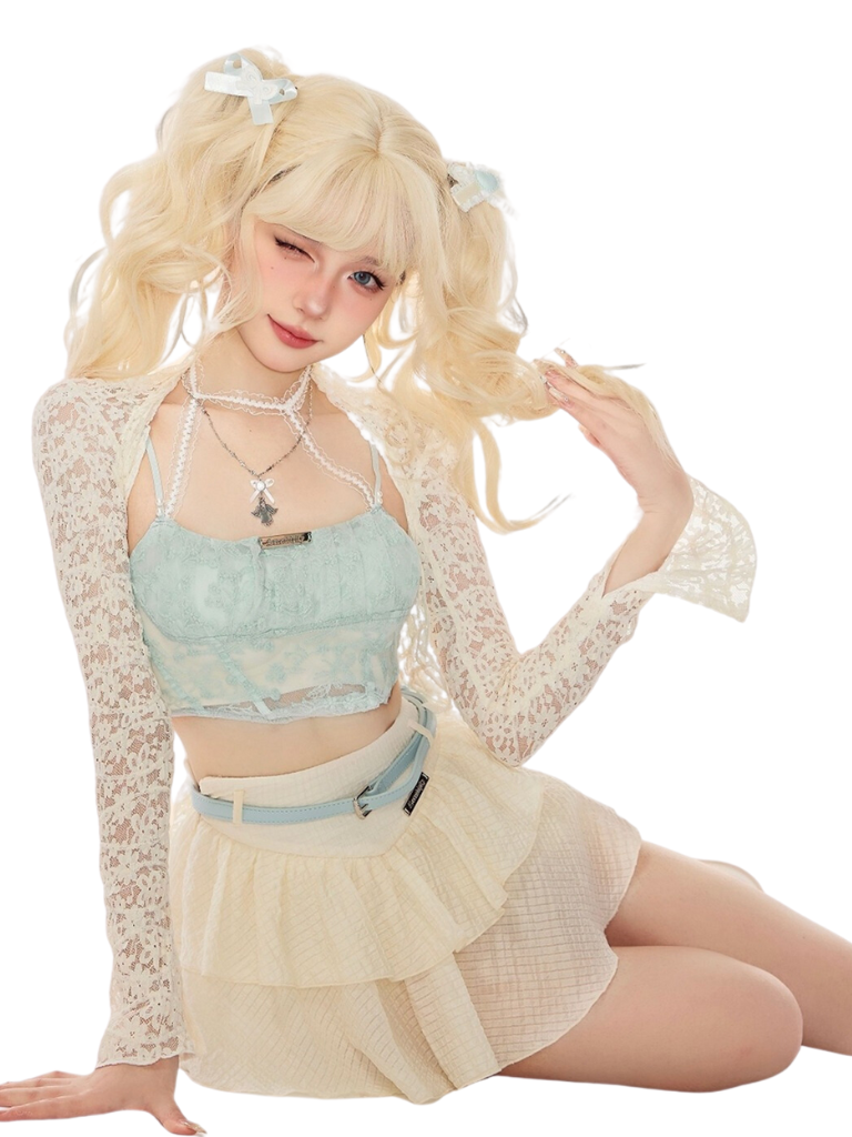 Lace Cardigan & Pearl Neck Tops & Flared Skirt SER0107