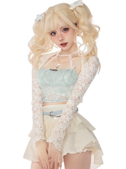 Lace Cardigan & Pearl Neck Tops & Flared Skirt SER0107