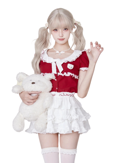 Frill Ribbon Red Top & White Cake Skirt SER0022