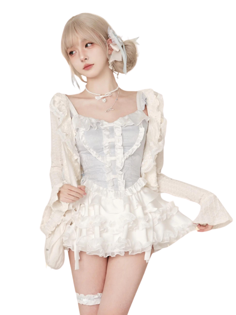 Sweet White Cardigan & Blue Camisole & White Cake Skirt SER0030