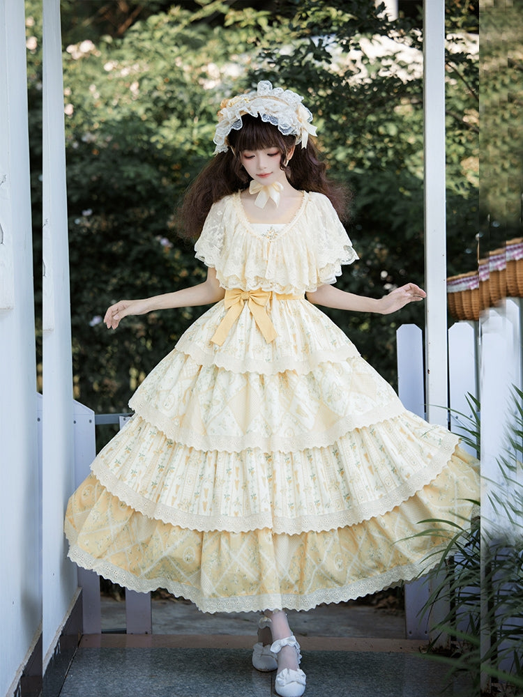 Embroidered Print Tiered Yellow Long Dress WIT0072