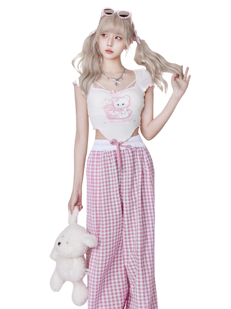 Sweet Heart Cat Print Tops & Pink Check Pants SER0018