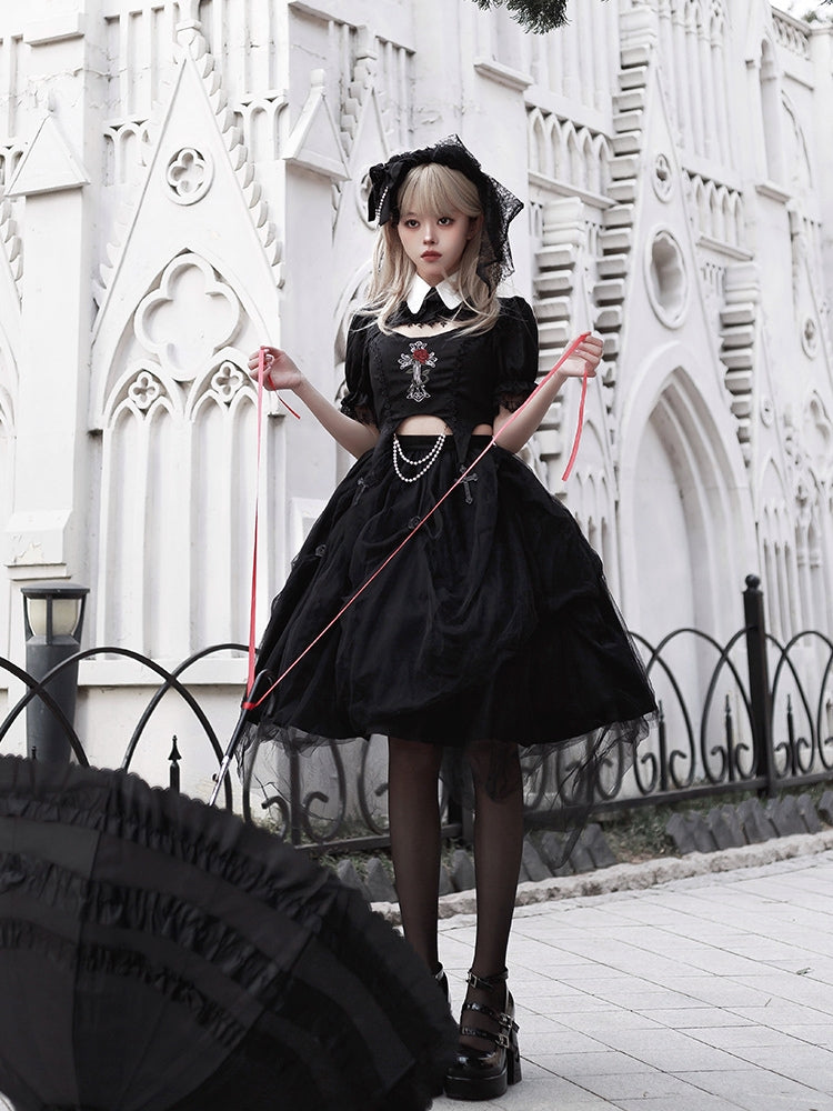 Gothic Rose Embroidery Black Mid-Length Dress WIT0080