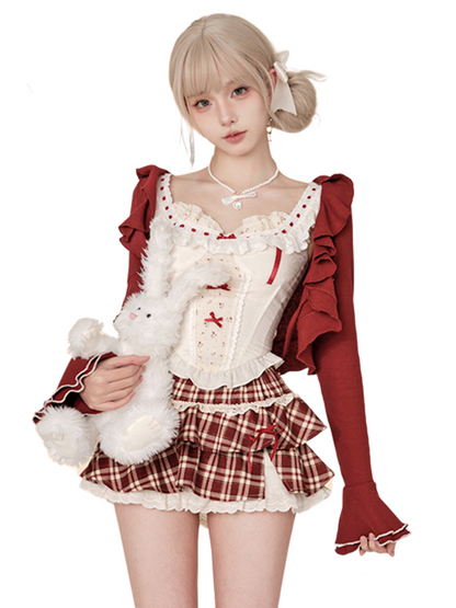 Wine Red Cardigan & Camisole & High Waist Red Check Skirt SER0031