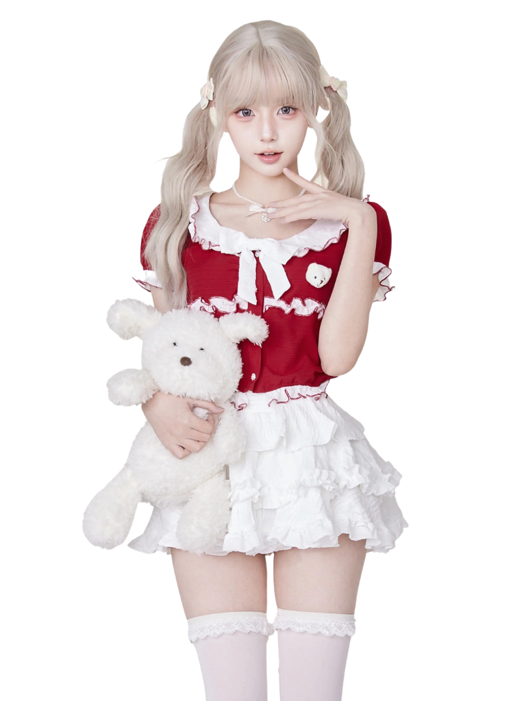 Frill Ribbon Red Top & White Cake Skirt SER0022