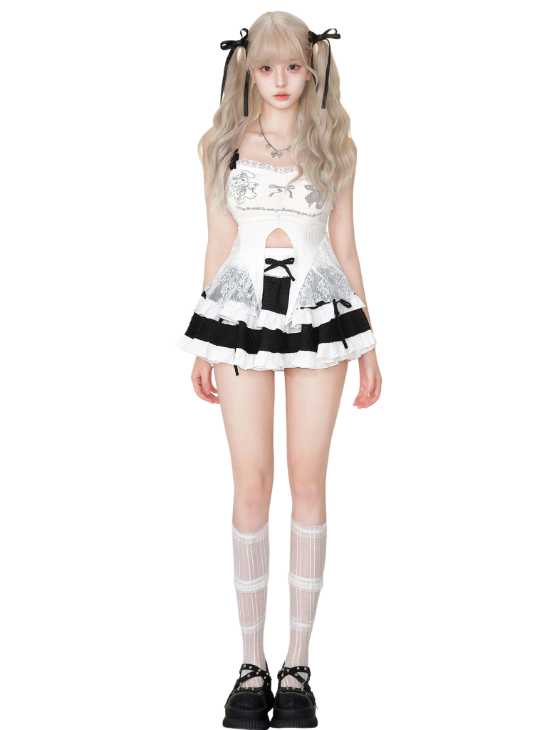 Slit Short Tops & Frill Ribbon Cake Skirt SER0016