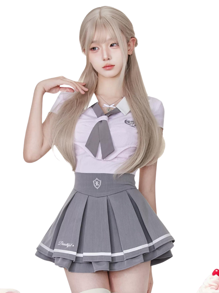 School Style short shirt & inner camisole & pleated skirt SER0011