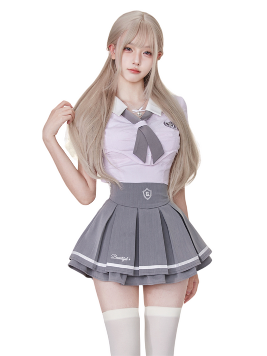 School Style short shirt & inner camisole & pleated skirt SER0011