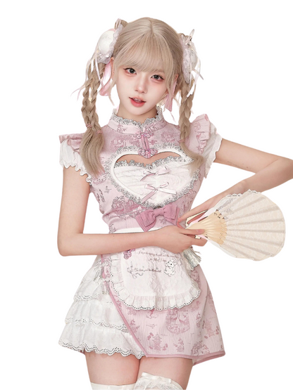 China Style Sweet Pink Heart Frilled Dress SER0004