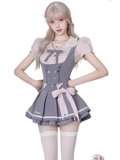 Sweet Stripe Shirt & Corset Vest & Big Ribbon Pleated Skirt SER0013