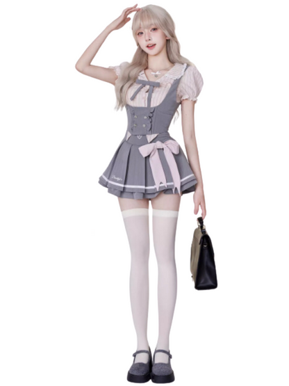 Sweet Stripe Shirt & Corset Vest & Big Ribbon Pleated Skirt SER0013