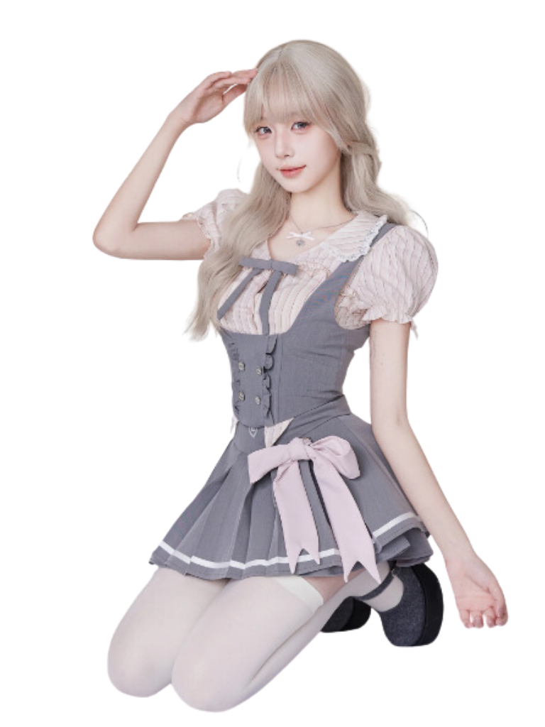 Sweet Stripe Shirt & Corset Vest & Big Ribbon Pleated Skirt SER0013