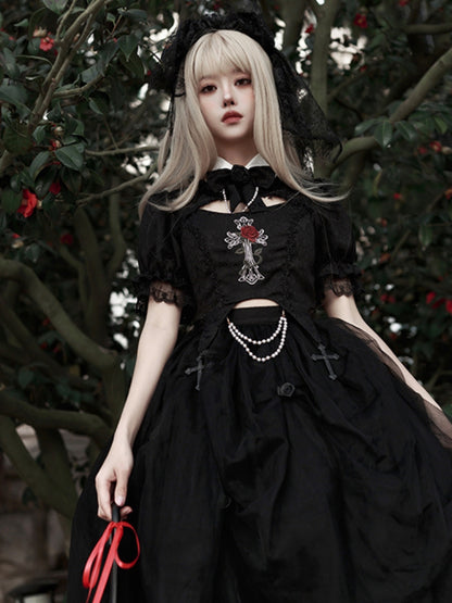 Gothic Rose Embroidery Black Mid-Length Dress WIT0080