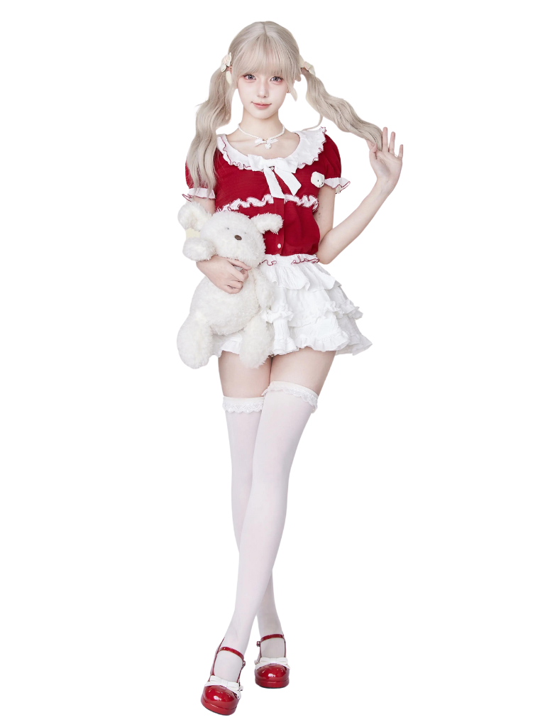 Frill Ribbon Red Top & White Cake Skirt SER0022