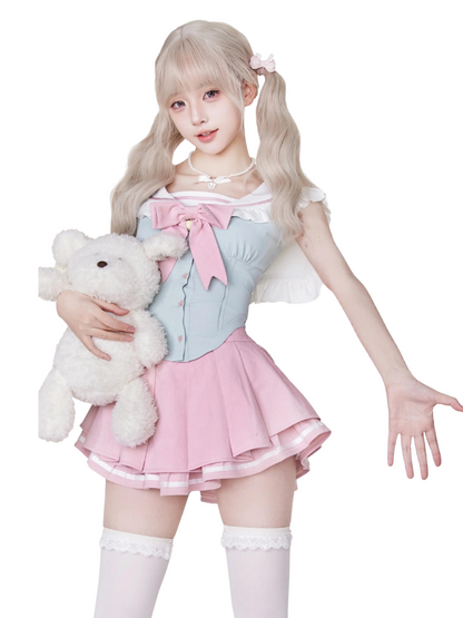 School Uniform Style pink & Light Blue Two-piece Set SER0023