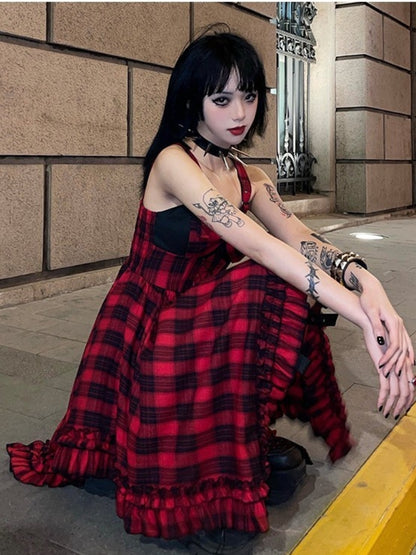 Punk Red and Black Check Print Dress WIT0090