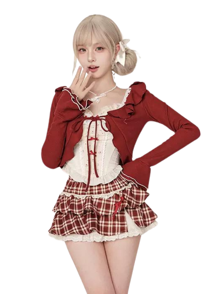 Wine Red Cardigan & Camisole & High Waist Red Check Skirt SER0031