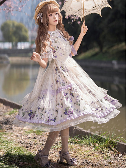 Purple Floral Ribbon Middle Dress WIT0087