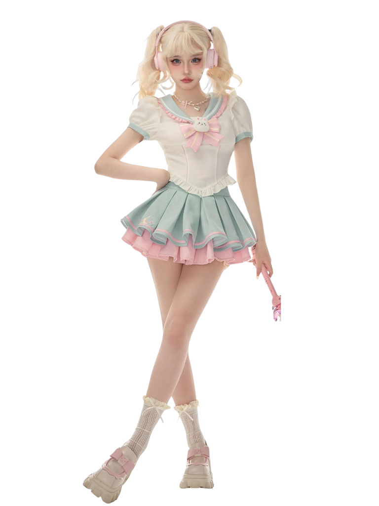 Sailor Collar Light Blue & Pink Two-piece Set SER0024