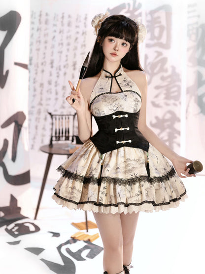 Japanese Pattern Cheongsam Ruffle Lolita Dress SAK0010