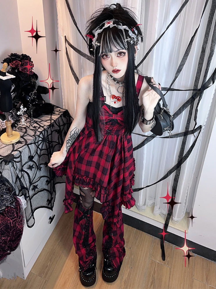 Punk Red and Black Check Print Dress WIT0090