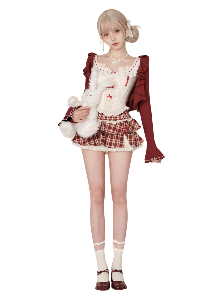 Wine Red Cardigan & Camisole & High Waist Red Check Skirt SER0031