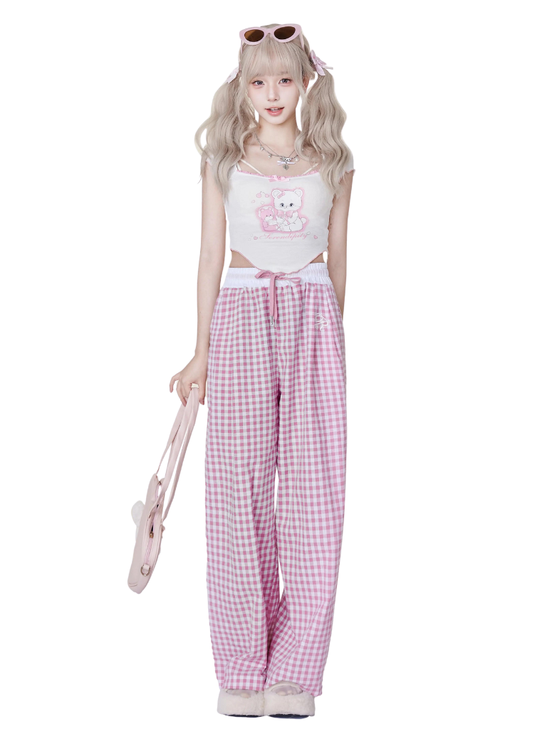 Sweet Heart Cat Print Tops & Pink Check Pants SER0018