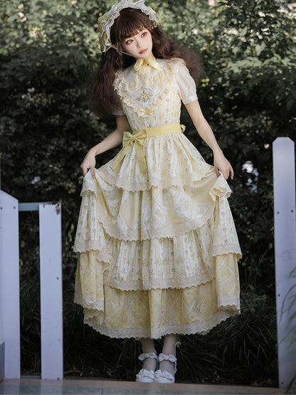 Embroidered Print Tiered Yellow Long Dress WIT0072