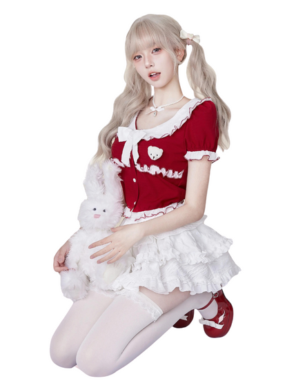 Frill Ribbon Red Top & White Cake Skirt SER0022