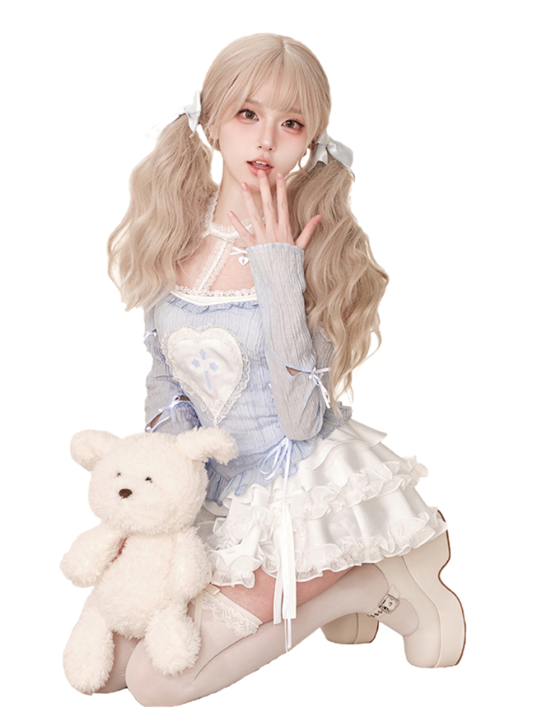 Light Blue Lace Tops & White Camisole & White Cake Skirt SER0035