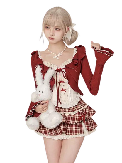 Wine Red Cardigan & Camisole & High Waist Red Check Skirt SER0031