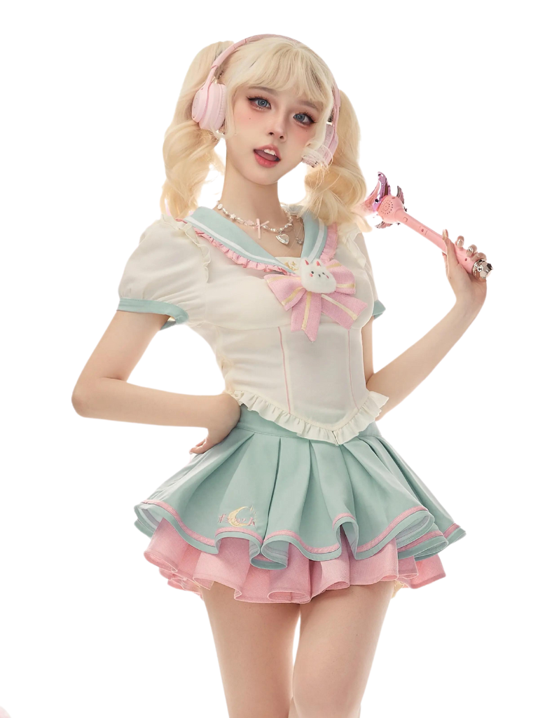 Sailor Collar Light Blue & Pink Two-piece Set SER0024