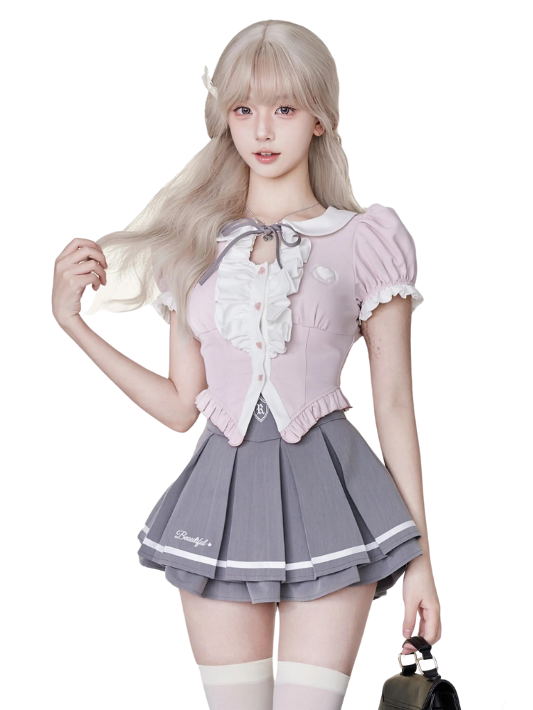 Pink Pure Frill Tops & Gray Pleated Skirt SER0017