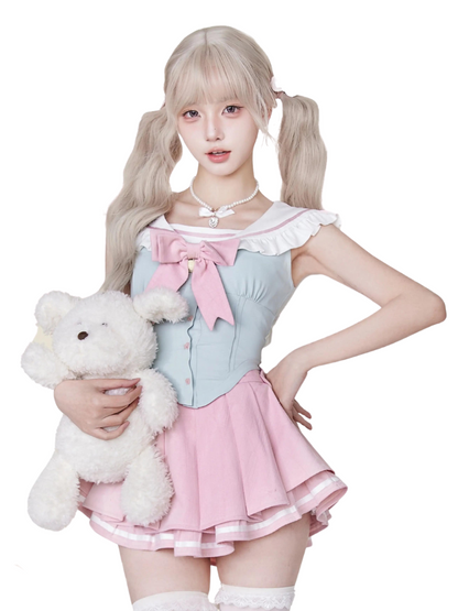 School Uniform Style pink & Light Blue Two-piece Set SER0023