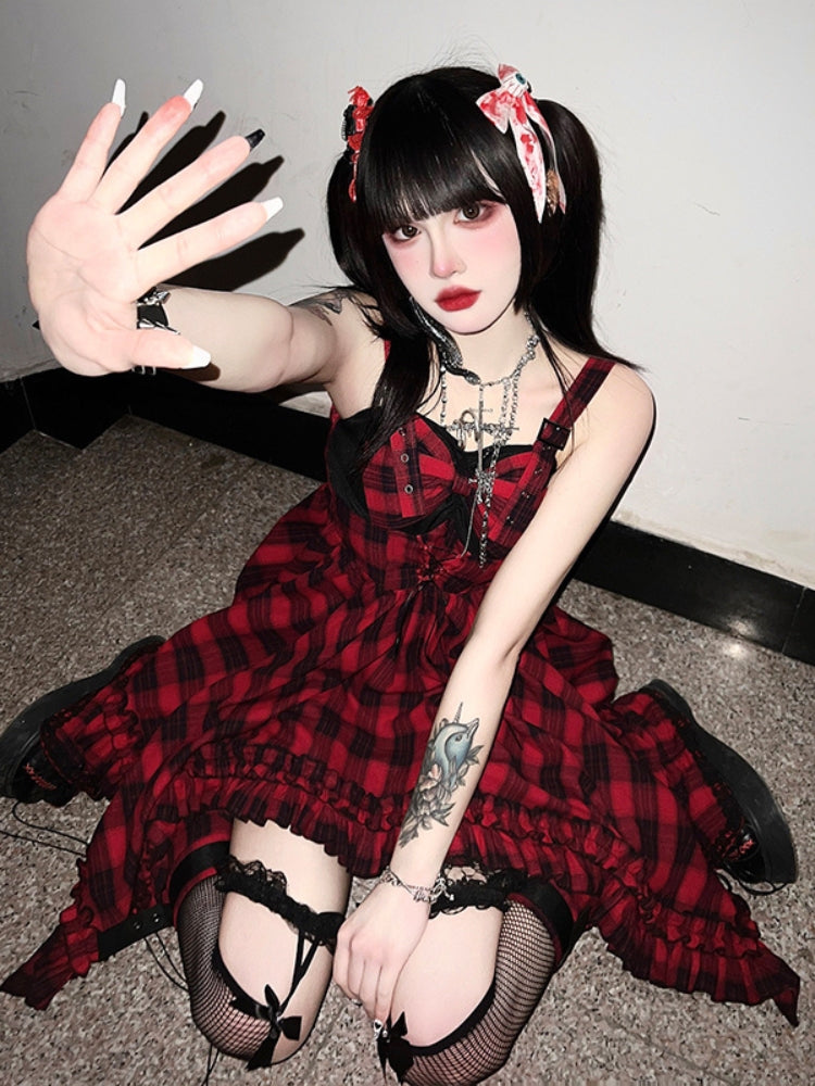 Punk Red and Black Check Print Dress WIT0090