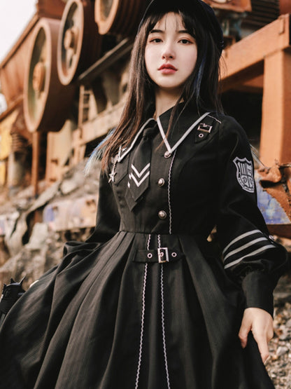 Military-Style Cape Black Dress WIT0075